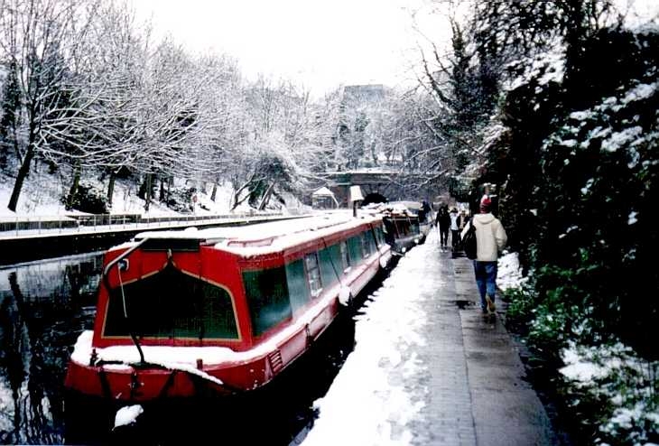 Islington, London, canal boats in snow