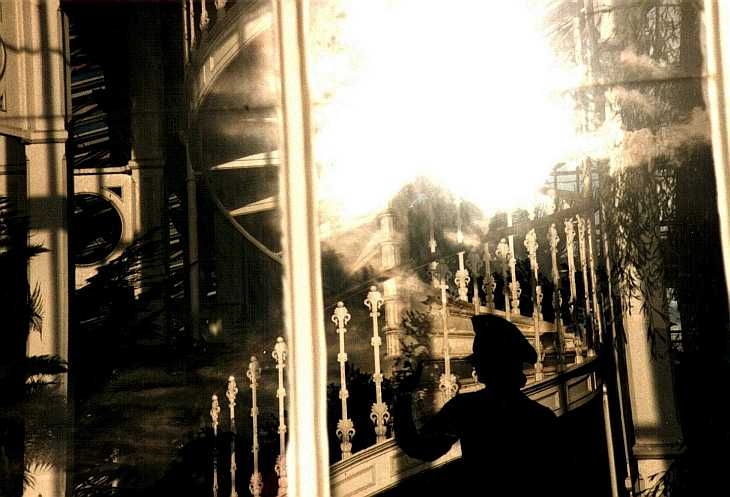 Statue and spiral staricase through window, Kew Gardens, London