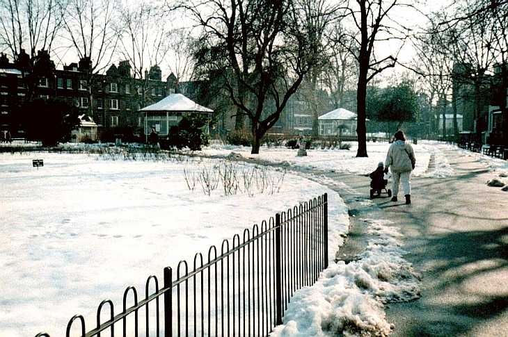 Snow scene, Paddington Street Gardens, London