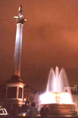 Nelson's Column, fountain, Trafalgar Square, London at night